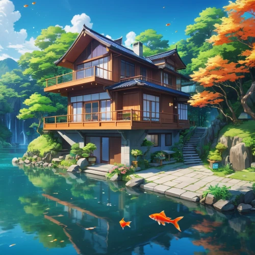 house by the water,house with lake,summer cottage,houseboat,aqua studio,studio ghibli,home landscape,house in mountains,floating huts,fisherman's house,house in the mountains,floating island,cottage,wooden house,beautiful home,ryokan,house in the forest,koi pond,boathouse,japanese architecture,Illustration,Japanese style,Japanese Style 03