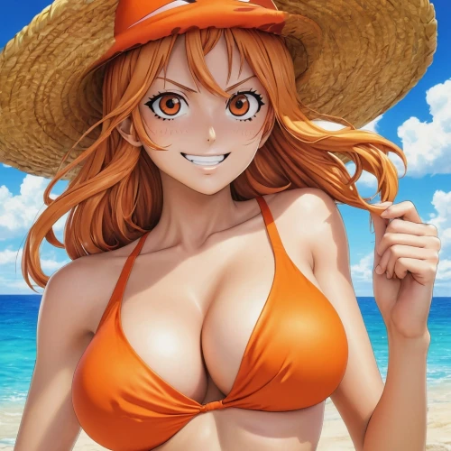 nami,straw hat,summer hat,one-piece swimsuit,sun hat,high sun hat,coconut hat,orange,one piece,mock sun hat,straw hats,summer swimsuit,vicuña,sombrero,beach background,puri,orange color,sun hats,oranges,onepiece,Illustration,Japanese style,Japanese Style 14