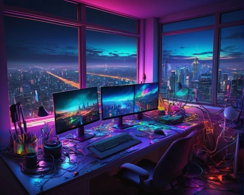 computer room,computer desk,cyberpunk,aesthetic,desk,computer workstation,desktop computer,colored lights,night lights,creative office,modern office,computer art,setup,working space,modern room,study room,workspace,pc tower,desk top,night glow,Photography,Documentary Photography,Documentary Photography 36