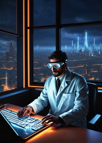 cyber glasses,cyber crime,neon human resources,cyberpunk,night administrator,sci fi surgery room,man with a computer,sci fiction illustration,pandemic,theoretician physician,spy-glass,the pandemic,cybernetics,core web vitals,elektroniki,computer business,pathologist,cyber security,technology of the future,modern office,Art,Classical Oil Painting,Classical Oil Painting 19