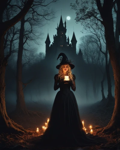 witch house,witch's house,the witch,gothic portrait,gothic woman,fantasy picture,witch,halloween witch,witch's hat,celebration of witches,black candle,dark art,witch hat,dark gothic mood,halloween illustration,haunted castle,gothic style,light of night,witches,halloween scene,Illustration,Japanese style,Japanese Style 08