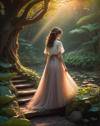 fantasy picture,mystical portrait of a girl,ballerina in the woods,pathway,girl in a long dress,the mystical path,enchanted,enchanting,faery,faerie,forest path,fairytale,a fairy tale,girl in the garden,forest of dreams,fairy tale,secret garden of venus,the path,celtic woman,way of the roses,Art,Classical Oil Painting,Classical Oil Painting 22