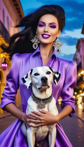 girl with dog,purple,image manipulation,purple background,rat terrier,purple rizantém,cruella de ville,female dog,dog photography,magenta,japanese chin,rich purple,rockabella,chihuahua,photoshop manipulation,english toy terrier,dog-photography,animals play dress-up,color dogs,bussiness woman,Photography,General,Realistic