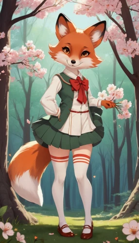 garden-fox tail,cute fox,spring background,springtime background,adorable fox,japanese sakura background,fox,sakura background,child fox,little fox,a fox,kitsune,hanbok,redfox,sakura blossom,red fox,spring blossoms,foxes,sakura blossoms,cheery-blossom,Illustration,Retro,Retro 08