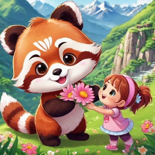 red panda,child fox,children's background,cute cartoon image,cute fox,kawaii panda,adorable fox,flower background,spring background,cute animals,game illustration,picking flowers,little fox,cute animal,cute cartoon character,springtime background,fauna,ring-tailed,flower animal,garden-fox tail,Illustration,Japanese style,Japanese Style 01