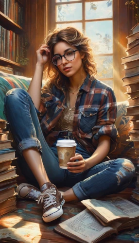 coffee and books,girl studying,librarian,tea and books,bookworm,reading glasses,woman drinking coffee,women's novels,scholar,sci fiction illustration,reading owl,reading,relaxing reading,author,books,girl with cereal bowl,read a book,tutor,book glasses,academic,Conceptual Art,Fantasy,Fantasy 05