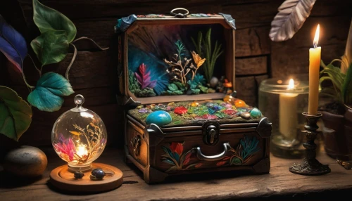 treasure chest,vintage lantern,trinkets,magic grimoire,music chest,music box,fairy lanterns,apothecary,lyre box,retro kerosene lamp,ball fortune tellers,fairy tale icons,nest workshop,terrarium,candlemaker,illuminated lantern,play escape game live and win,nightstand,fairy house,collected game assets,Photography,Artistic Photography,Artistic Photography 02