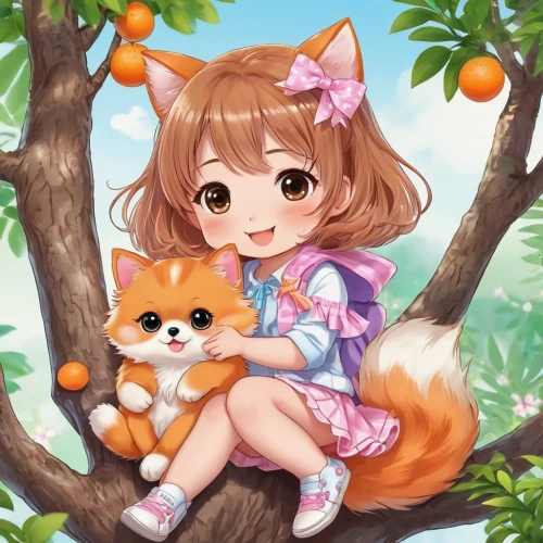 cute fox,child fox,adorable fox,little fox,garden-fox tail,fox,marmalade,peach tree,apricot,kumquat,tangerines,a fox,foxes,orange tree,mirabelle tree,tangerine tree,kumquats,dhole,oranges,apricots,Illustration,Japanese style,Japanese Style 01