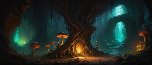 mushroom landscape,haunted forest,elven forest,fairy forest,enchanted forest,cartoon forest,forest mushrooms,druid grove,forest glade,fairytale forest,cartoon video game background,forest mushroom,mushroom island,the forest,hollow way,fantasy landscape,forest of dreams,fairy village,holy forest,fantasy picture,Conceptual Art,Fantasy,Fantasy 09