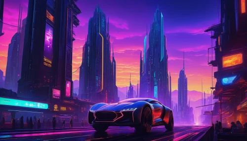 futuristic landscape,cityscape,colorful city,cyberpunk,fantasy city,futuristic,dusk background,city car,3d car wallpaper,futuristic car,evening city,dusk,metropolis,city highway,skyline,city lights,city at night,tokyo city,80's design,world digital painting,Illustration,Retro,Retro 05