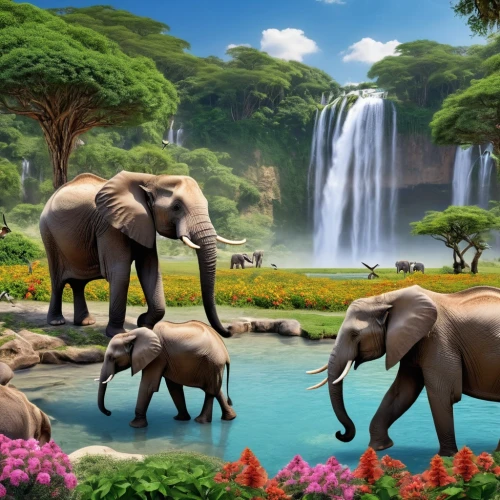 african elephants,cartoon elephants,elephants and mammoths,elephants,tropical animals,african elephant,elephant herd,animal zoo,elephantine,elephant camp,forest animals,african bush elephant,watering hole,scandia animals,baby elephants,children's background,wildlife park,tropical jungle,cartoon video game background,animal world,Photography,General,Realistic