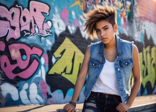 denim jacket,denim background,ash leigh,jean jacket,jeans background,photo session in torn clothes,concrete background,young model istanbul,leather jacket,graffiti,fashion street,mohawk hairstyle,on the street,street fashion,concrete wall,trespassing,attractive woman,beautiful young woman,rock beauty,havana brown,Art,Artistic Painting,Artistic Painting 48