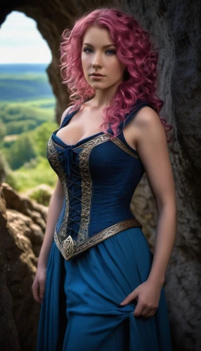 celtic woman,celtic queen,fantasy woman,merida,rapunzel,fae,digital compositing,fantasy picture,blue enchantress,celtic harp,fairy tale character,bodice,cosplay image,cybele,fantasy portrait,female doctor,cinderella,breastplate,fantasy girl,sorceress,Illustration,American Style,American Style 07