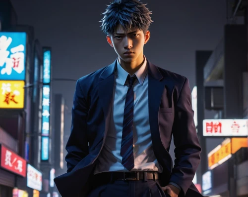 yukio,businessman,kado,dark suit,anime japanese clothing,ren,jin deui,navy suit,detective,shinjuku,male character,a black man on a suit,men's suit,white-collar worker,tall man,cg artwork,tokyo city,suit,persona,business man,Art,Classical Oil Painting,Classical Oil Painting 33