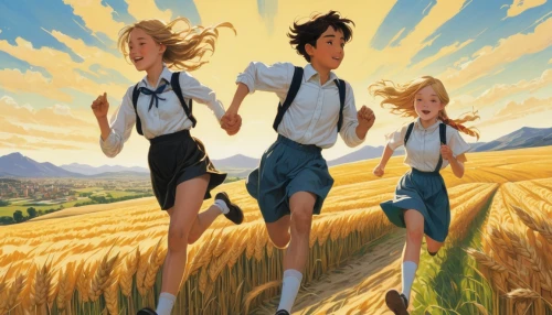 field of cereals,wheat field,wheat fields,straw field,wheat crops,aggriculture,agriculture,walk with the children,pilgrims,wheat,crops,farmers,heidi country,seed wheat,scarecrows,fields,travelers,cross country,school children,children's background,Illustration,Realistic Fantasy,Realistic Fantasy 04