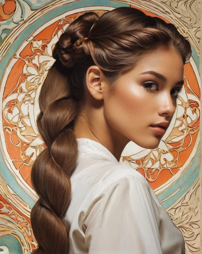 updo,artificial hair integrations,chignon,caramel color,argan,layered hair,gypsy hair,laurel wreath,hairstyle,mucha,golden wreath,katniss,hair ribbon,hairdressing,bow-knot,hairstyler,girl in a wreath,braid,cinnamon girl,ponytail,Illustration,Retro,Retro 03