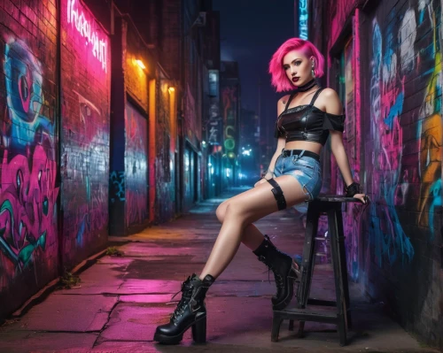 harley quinn,cyberpunk,pvc,femme fatale,punk,alleyway,harley,grunge,neo-burlesque,alley,leather boots,latex clothing,photo session at night,poison,neon lights,neon light,toni,urban,city trans,rockabella,Illustration,Abstract Fantasy,Abstract Fantasy 16