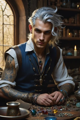 male elf,watchmaker,apothecary,silversmith,merchant,clockmaker,candlemaker,cullen skink,metalsmith,tinsmith,male character,leonardo devinci,witcher,fairy tale character,fantasy portrait,runes,jewelry store,hatter,fairytale characters,elven,Conceptual Art,Daily,Daily 30