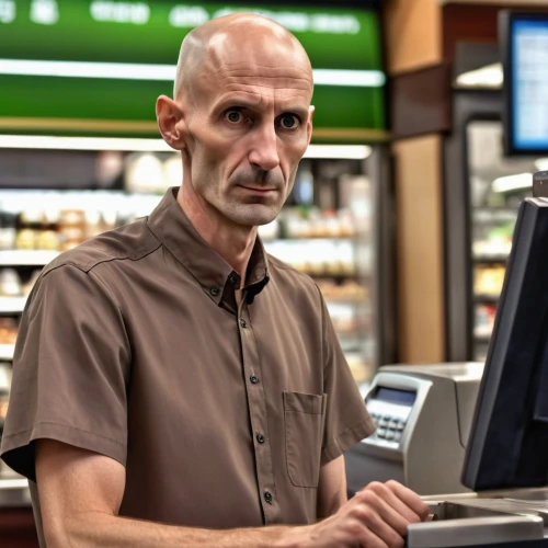 cashier,clerk,shopkeeper,barista,merchant,cash register,vendor,electronic payments,deli,mail clerk,grocer,customers,tablets consumer,bank teller,employee,meat counter,electronic payment,customer,payment terminal,greengrocer,Photography,General,Realistic