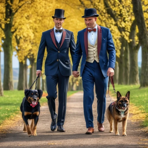 walking dogs,gentlemanly,gentleman icons,grooms,two running dogs,wedding photo,german shepards,wedding suit,wedding couple,legerhond,two dogs,business men,gentlemen,dog walker,british bulldogs,three dogs,walking down the aisle,swedish lapphund,color dogs,suit trousers,Photography,General,Realistic
