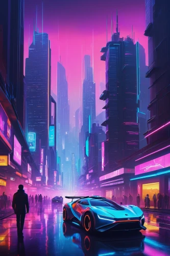 cyberpunk,futuristic,cityscape,futuristic landscape,neon arrows,80s,80's design,vapor,neon,tokyo city,colorful city,elektrocar,lamborghini,metropolis,dusk,lamborghini countach,shanghai,fantasy city,futuristic car,ultraviolet,Art,Artistic Painting,Artistic Painting 08