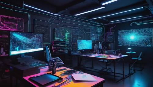 computer room,study room,classroom,working space,game room,computer workstation,creative office,desk,work space,computer desk,modern office,laboratory,the server room,workspace,cyber,class room,blur office background,neon human resources,cyberpunk,computer art,Illustration,Realistic Fantasy,Realistic Fantasy 36