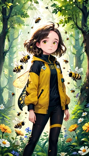 yellow jacket,bee,girl in flowers,wild bee,sprint woman,aa,butterfly background,giant bumblebee hover fly,katniss,bumblebee,bee farm,world digital painting,pollinate,forest background,yellow and black,bee colony,pollinator,yellow garden,parka,little girl in wind,Anime,Anime,Cartoon