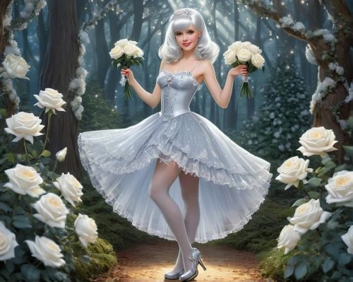 white rose snow queen,ballerina in the woods,fairy queen,rosa 'the fairy,cinderella,the snow queen,fairy tale character,fantasy picture,flower fairy,faerie,faery,snow white,bridal clothing,rosa ' the fairy,suit of the snow maiden,fairy,white roses,silver wedding,garden fairy,white rose,Illustration,American Style,American Style 05