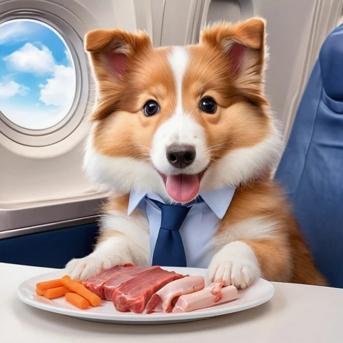 flying food,corgi,airplane passenger,corporate jet,business jet,flight attendant,airline travel,dogecoin,air travel,air new zealand,airline,small animal food,dog,pet food,to prepare for its flight,dog food,australian collie,dog puppy while it is eating,jetblue,747,Illustration,Japanese style,Japanese Style 01
