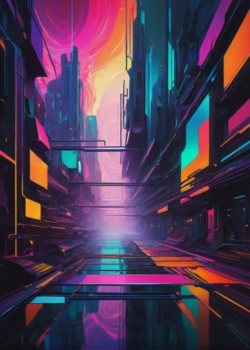 futuristic landscape,colorful city,cityscape,cyberpunk,metropolis,futuristic,vapor,vast,abstract retro,neon arrows,virtual landscape,panoramical,scifi,ultraviolet,fantasy city,80's design,urban,cyberspace,digitalart,cubic,Illustration,Realistic Fantasy,Realistic Fantasy 11