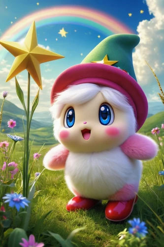 scandia gnome,fairy penguin,kirby,knuffig,cute cartoon character,raimbow,rainbow rabbit,gnome,kawaii pig,bonbon,valentine gnome,fae,ori-pei,pororo the little penguin,toadstool,marshmallow,rainbow background,kawaii owl,ragdoll,rimy,Illustration,Realistic Fantasy,Realistic Fantasy 14