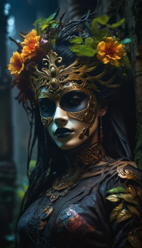 venetian mask,masquerade,the enchantress,the carnival of venice,faery,fantasy portrait,faerie,headdress,dryad,mystical portrait of a girl,balinese,rusalka,golden mask,headpiece,la catrina,elven flower,gold mask,celtic queen,wooden mask,day of the dead frame,Photography,Artistic Photography,Artistic Photography 08