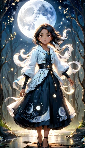 mystical portrait of a girl,moonlit,little girl in wind,lunar,moonlight,fairy tale character,moon shine,moonlit night,alice,luna,moon phase,moonshine,moonbeam,magical,fantasy picture,magical adventure,sci fiction illustration,child fairy,violinist violinist of the moon,the little girl,Anime,Anime,Cartoon