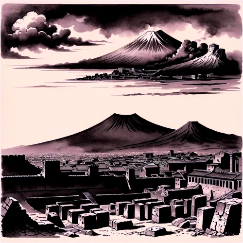 ancient city,volcanic landscape,noboribetsu hell valley,fuji,vesuvius,fujiyama,the volcano avachinsky,axum,altiplano,cool woodblock images,licancabur,terraced,stratovolcano,dahshur,volcanism,mount vesuvius,del tatio,el tatio,geomungo,pompeii,Illustration,Paper based,Paper Based 30