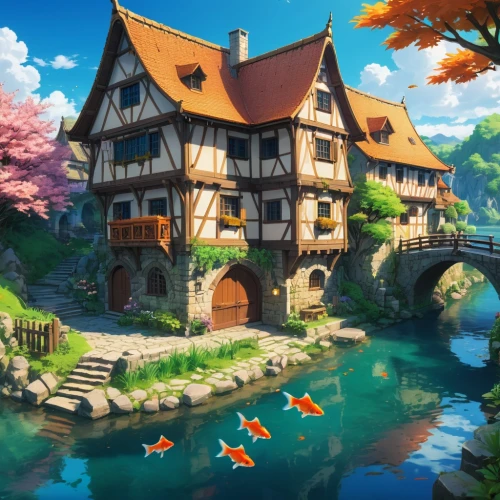 house by the water,fisherman's house,house with lake,studio ghibli,water mill,koi pond,escher village,aqua studio,summer cottage,idyllic,boathouse,alpine village,fairy village,aurora village,house of the sea,cottage,resort town,knight village,seaside resort,fishing village,Illustration,Japanese style,Japanese Style 03