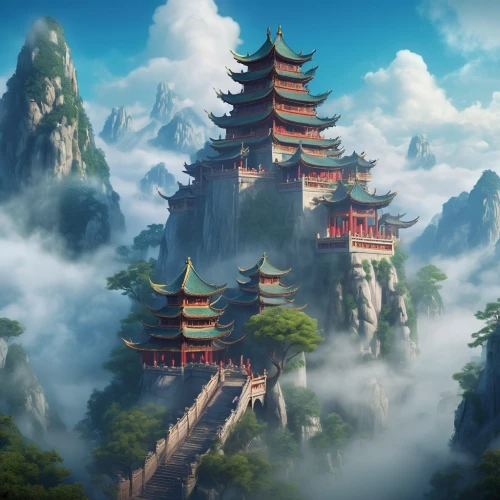 tigers nest,chinese background,fantasy landscape,chinese temple,chinese architecture,chinese clouds,yunnan,asian architecture,ancient city,huangshan maofeng,huashan,mountainous landscape,landscape background,hall of supreme harmony,zhangjiajie,chinese art,wuyi,world digital painting,forbidden palace,bird kingdom,Illustration,Realistic Fantasy,Realistic Fantasy 02