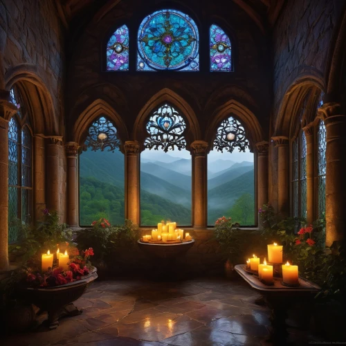 stained glass windows,candlelights,fantasy picture,hall of the fallen,fireplaces,dandelion hall,candlelight,fairy tale castle,fantasy landscape,sanctuary,fireplace,stained glass window,wishing well,stained glass,castle windows,candle light,burning candles,fairytale castle,the threshold of the house,ornate room,Illustration,Abstract Fantasy,Abstract Fantasy 12