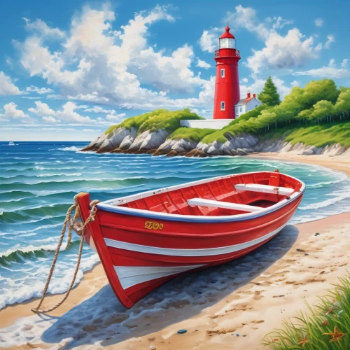 beach landscape,boat landscape,boats and boating--equipment and supplies,life buoy,sailing boat,sailing-boat,boat on sea,coastal landscape,sea landscape,sailboat,sail boat,landscape background,red lighthouse,sailing boats,sailboats,lifebuoy,fishing boats,picnic boat,fishing boat,bretagne,Illustration,Realistic Fantasy,Realistic Fantasy 19