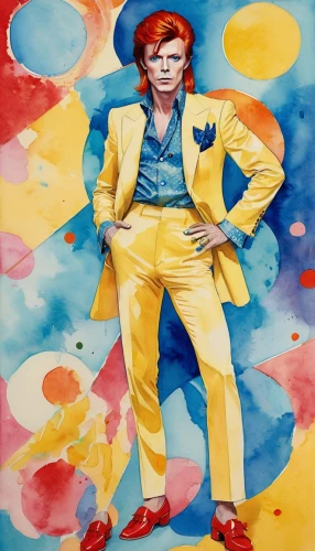 david bowie,rodeo clown,juggler,harlequin,popart,advertising figure,man with saxophone,frank sinatra,ronald,ringmaster,magician,rockabella,aquarius,andy warhol,suit of spades,dali,the man floating around,warhol,rorschach,ginger rodgers,Illustration,Paper based,Paper Based 25