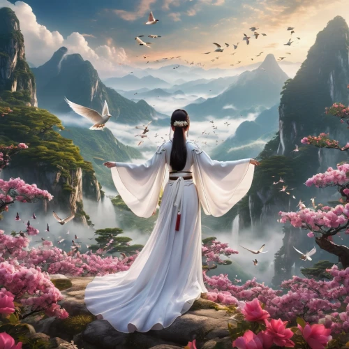 fantasy picture,japanese sakura background,chinese art,mulan,landscape background,oriental princess,sakura background,jasmine blossom,sacred lotus,oriental painting,lotus blossom,world digital painting,way of the roses,fantasy art,fantasy landscape,hanbok,japanese floral background,asian vision,yi sun sin,flower background,Photography,General,Realistic