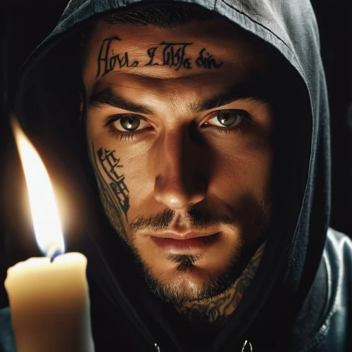 photoshop manipulation,smouldering torches,photo manipulation,lucus burns,hooded man,candlelight,black candle,tattoo artist,daemon,candle flame,with tattoo,flickering flame,tattoos,dark portrait,lucifer,burning candle,dagger,candle light,wick,candlelights,Conceptual Art,Fantasy,Fantasy 20