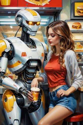 retro diner,robots,sci fiction illustration,artificial intelligence,cybernetics,robotics,women in technology,fast food restaurant,fast-food,cyberpunk,girl at the computer,diner,chat bot,automation,retro woman,woman at cafe,world digital painting,soft robot,machines,social bot,Illustration,Paper based,Paper Based 04