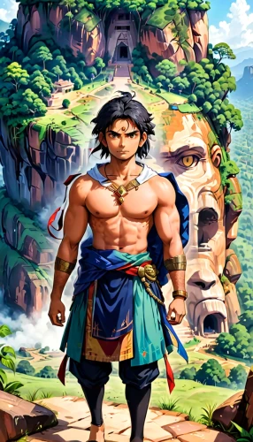 machu pi,aladha,aladin,son goku,calm usopp,male character,ramayan,aztec,warrior east,barbarian,neo-stone age,goku,takikomi gohan,tarzan,wind warrior,maya civilization,mowgli,machu,cave man,adventurer,Anime,Anime,Traditional