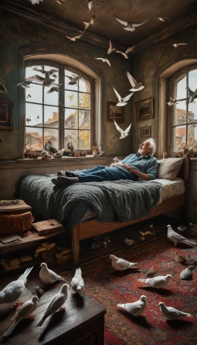 abandoned room,the living room of a photographer,sleeping room,photo manipulation,attic,white pigeon,pigeons and doves,luxury decay,doves and pigeons,conceptual photography,white pigeons,abandoned,photomanipulation,abandonded,flock home,flock of birds,digital compositing,a flock of pigeons,seagulls flock,bad dream,Photography,General,Fantasy