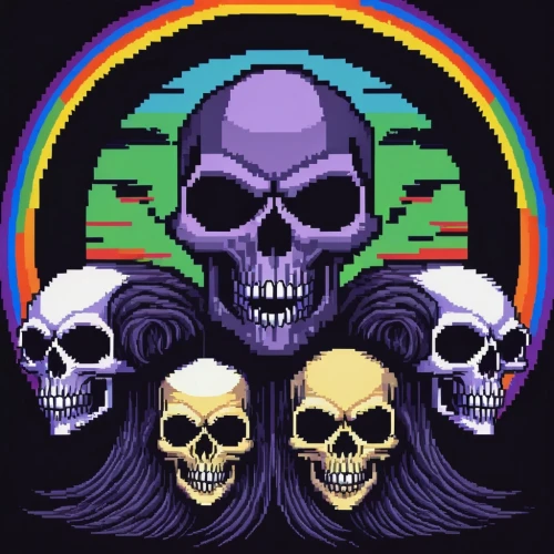 skulls,skull racing,pixel art,skull allover,skull rowing,skulls bones,rainbow background,skull drawing,skeletons,c64,death's-head,halloween wallpaper,80's design,neon ghosts,skulls and,death's head,spectrum,skull bones,rainbow color palette,80s,Unique,Pixel,Pixel 01