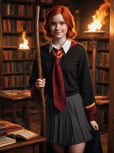 school uniform,librarian,potter,broomstick,hogwarts,wand,school skirt,school clothes,harry potter,schoolgirl,fictional character,academic,bookworm,wizardry,the books,clary,private school,burning hair,burnt pages,cosplay image,Illustration,Vector,Vector 06