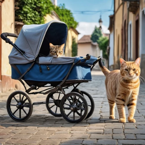 baby carriage,stroller,carrycot,cat family,street cat,blue pushcart,baby mobile,baby carrier,cat european,dolls pram,family outing,baby-sitter,ginger family,red tabby,delivering,handcart,transportation,newspaper delivery,baby care,caravanning,Photography,General,Realistic