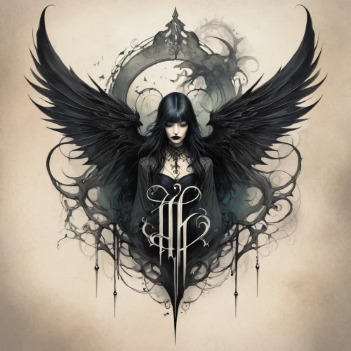 dark angel,black angel,corvidae,angelology,angel of death,archangel,death angel,the archangel,black raven,harpy,uriel,fallen angel,gothic woman,crow queen,priestess,seven sorrows,winged heart,daemon,black crow,wind rose,Illustration,Realistic Fantasy,Realistic Fantasy 16