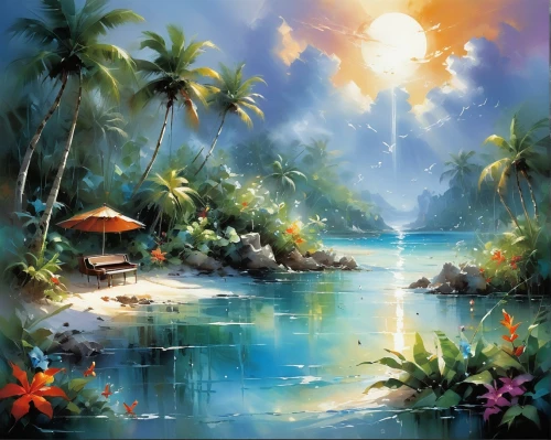 beach landscape,tropical sea,tropical island,tropical beach,coastal landscape,landscape background,an island far away landscape,watercolor palm trees,tahiti,luau,sea landscape,ocean paradise,java island,idyllic,bora-bora,coconut trees,underwater oasis,tropical bloom,paradise beach,oasis,Conceptual Art,Oil color,Oil Color 03