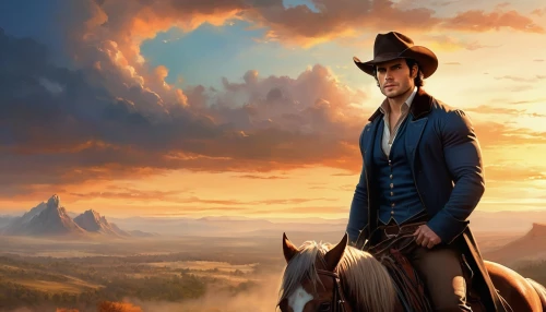 western riding,man and horses,buckskin,western pleasure,western,wild west,american frontier,horse herder,horseback,cowboy,stetson,equestrian,horseman,horse trainer,cowboy hat,horsemanship,landscape background,fantasy picture,western film,gunfighter,Illustration,Realistic Fantasy,Realistic Fantasy 01